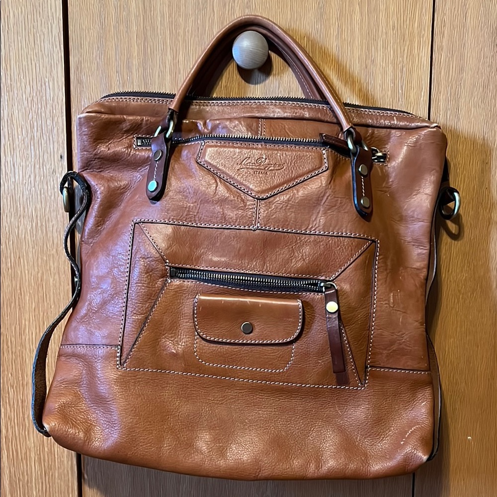 Marco Buggiani messenger bag. Well loved and patina.” Missing shoulder strap.